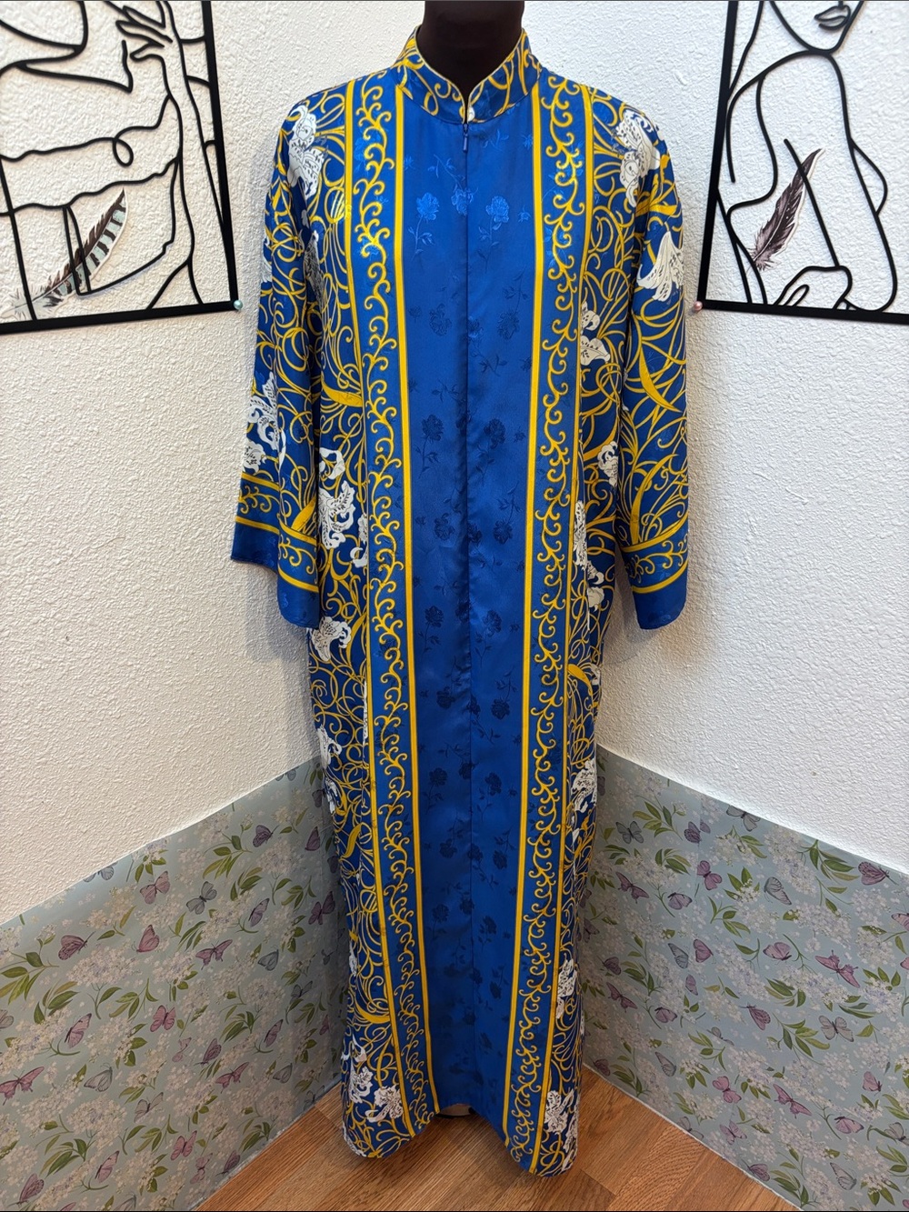 Vintage Charles Keith royal blue gold and white floral maxi kaftan. Size S.